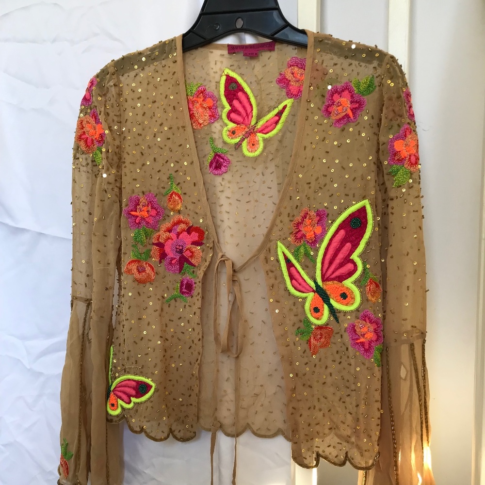 Vintage Matthew Williamson Sequin Neon 🦋 Butterflies sheer top RARE Sm/petite